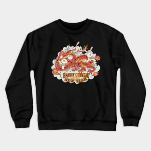 three cartoon bunnies riding on a Chinese dragon, and the title Happy Chinese new year Crewneck Sweatshirt